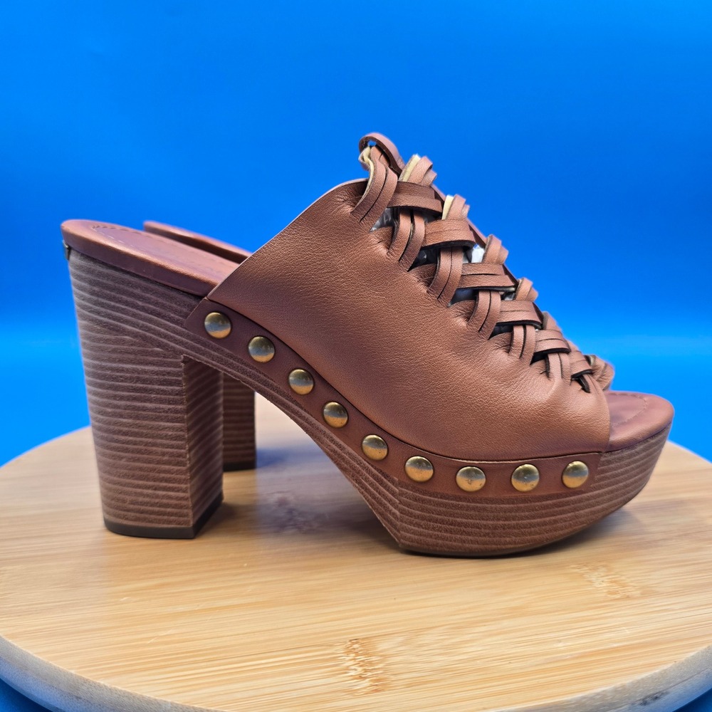 Michael Kors Woven Leather Studded Platform Clog Mules Tan Brown 7.5M PW16C - Picture 1 of 8
